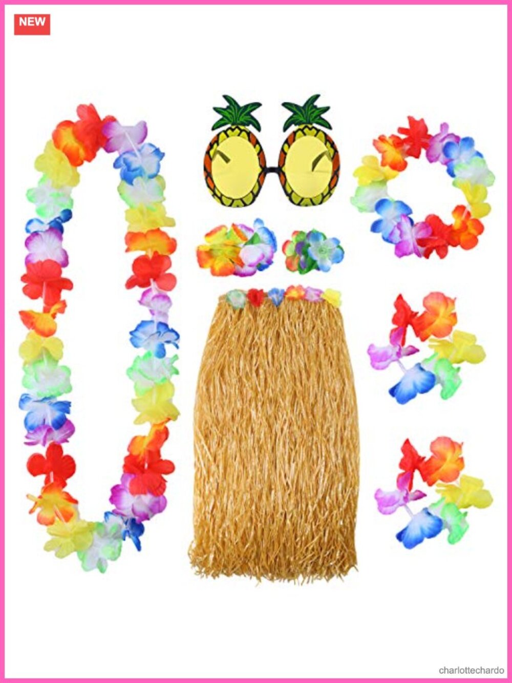 Hawaiian Hula Grass Skirt Set 8 Piece Polyester Costume Accessories
